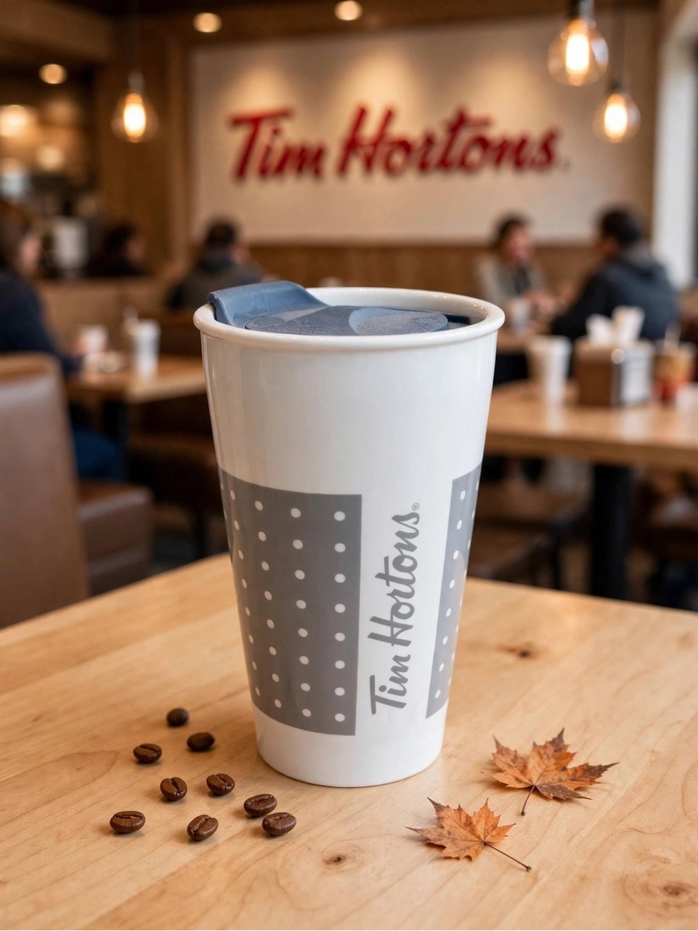 🆕 Tim Hortons Grey/White Polkadot Travel Mug
